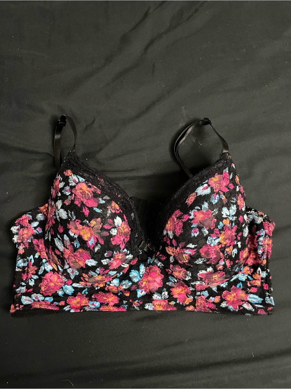 Floral Lace Longline Bra in Black with Pink & Blue Accents